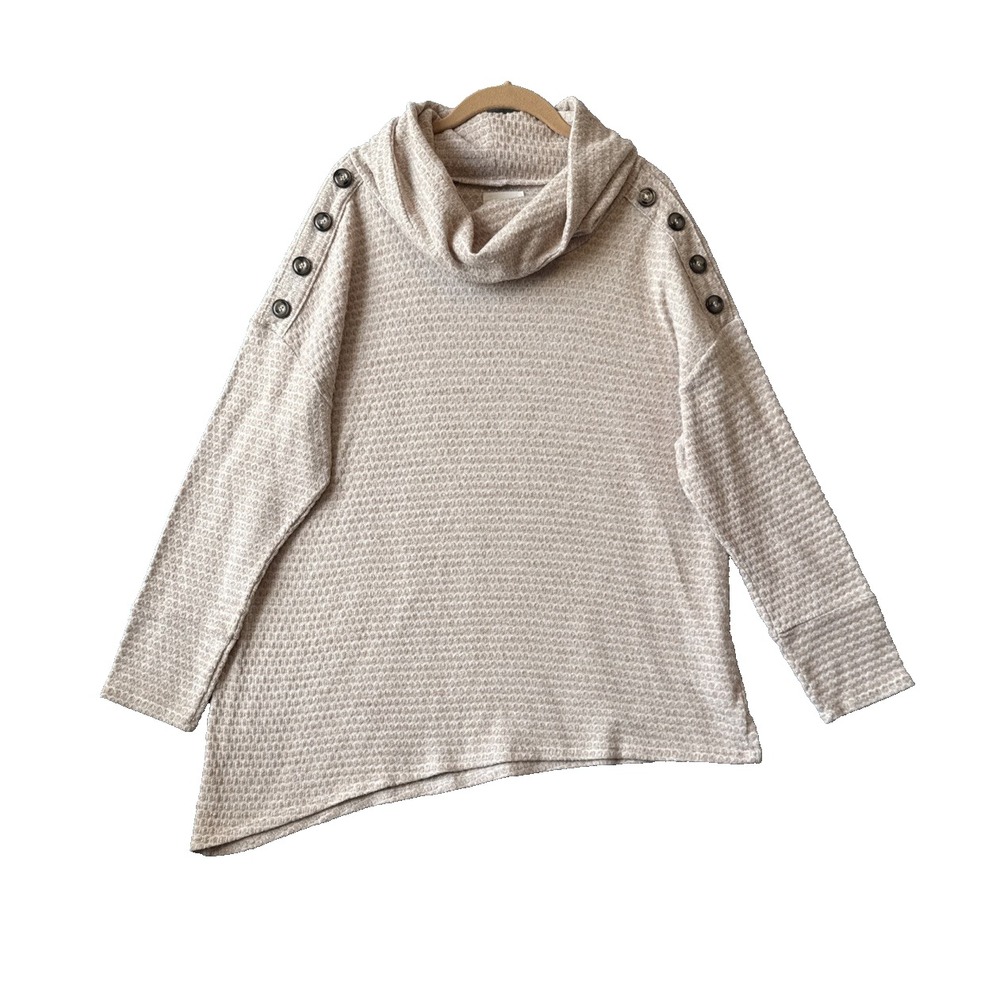 New York Laundry Cowl Neck Sweater L Waffle Knit  Asymmetric Button Blush Pink